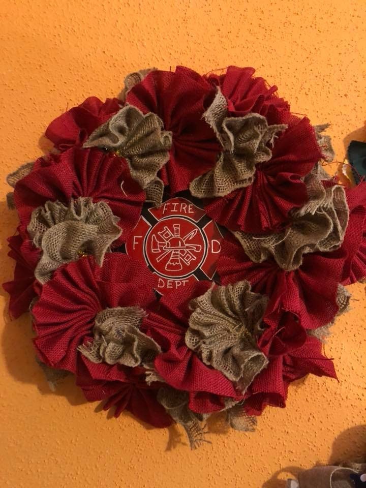 fire fighter wreath, burlap wreath, Maltese cross wreath, front door wreath