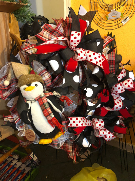 Christmas wreath, holiday wreath, penguin wreath, winter holiday, front door decor, Christmas reef, Penguin reef, Black and white Christmas