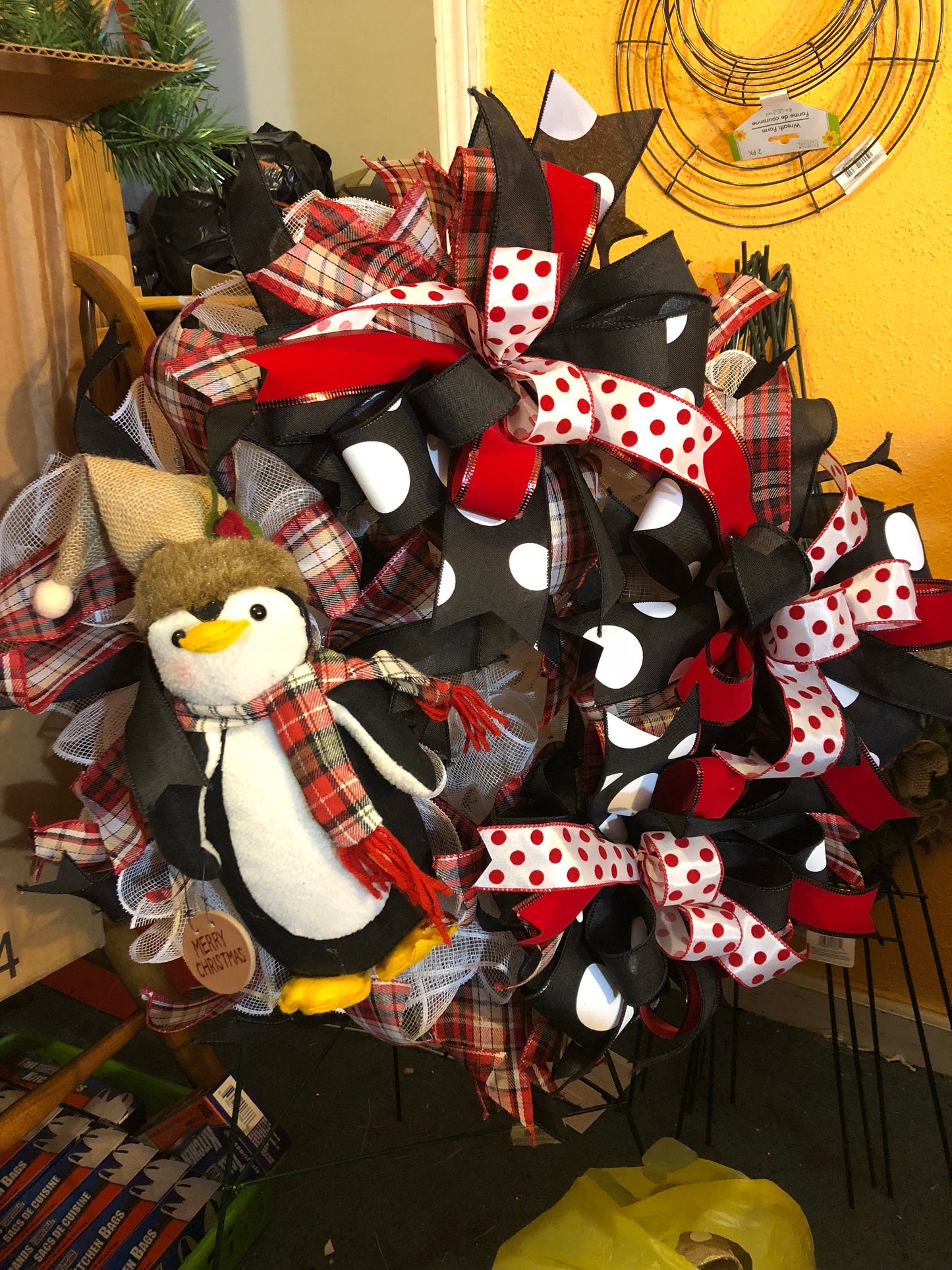 Christmas wreath, holiday wreath, penguin wreath, winter holiday, front door decor, Christmas reef, Penguin reef, Black and white Christmas