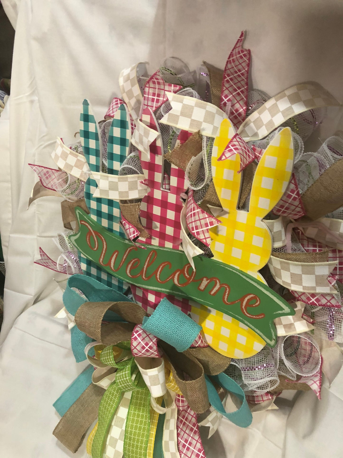 Easter wreath, Welcome wreath, spring holiday decor, front door wreath, front door decor, porch decor, mesh wreath, buffalo check bunnies