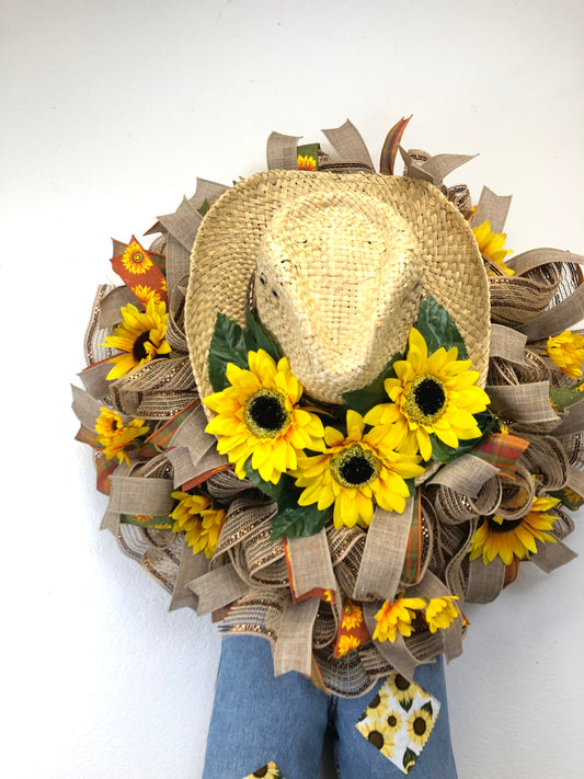 Sunflower scarecrow wreath, fall wreath, sunflower wreath, boy scarecrow wreath, porch decor, front door wreath, large fall wreath