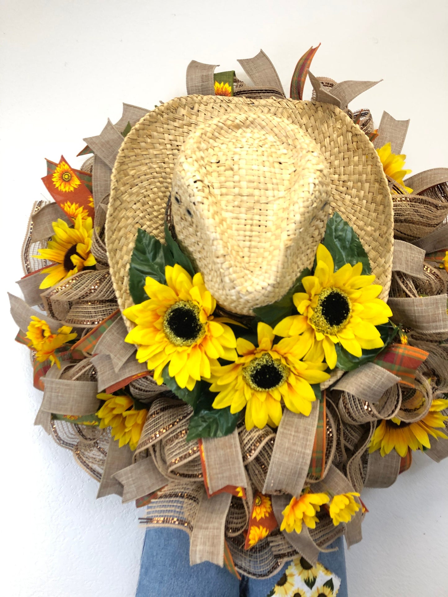 Sunflower scarecrow wreath, fall wreath, sunflower wreath, boy scarecrow wreath, porch decor, front door wreath, large fall wreath