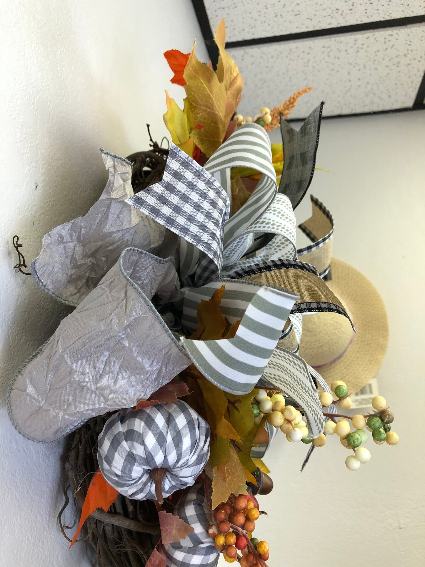 Fall wreath, grey gingham, monochromatic bow, porch decor, front door wreath, autumn wreath, autumn decor