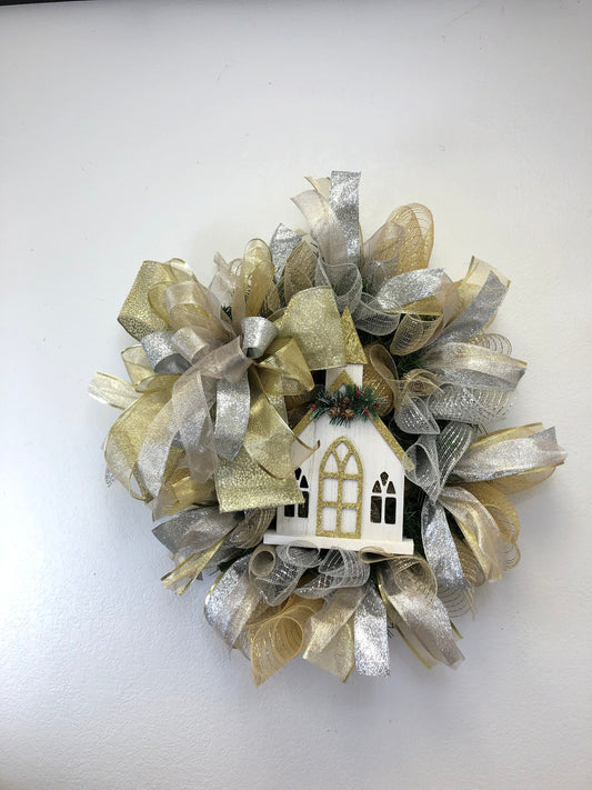 Silver and gold Christmas, church wreath, everyday winter wreath, Christmas wreath, religious wreath, front door wreath, porch decor