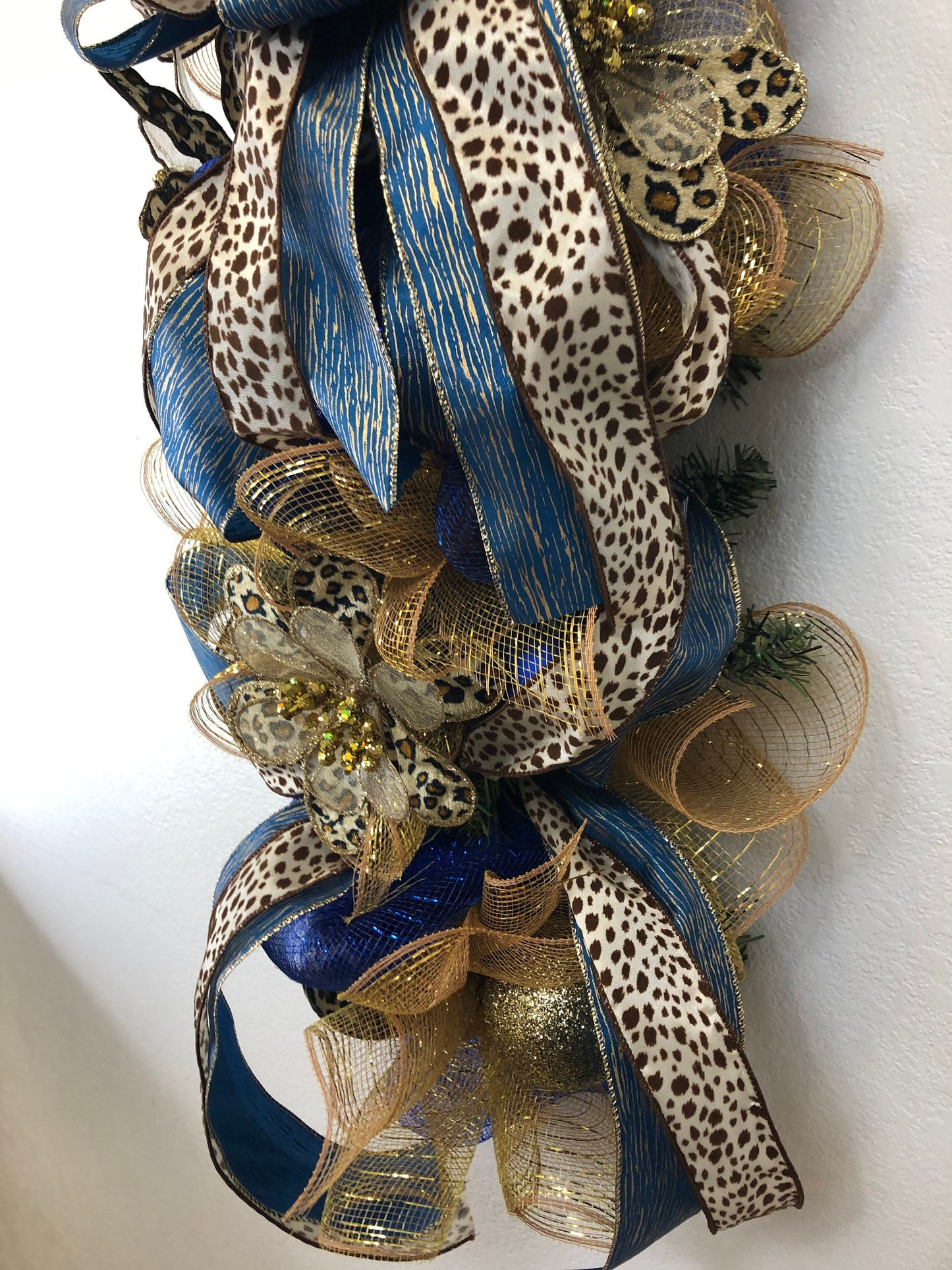Cheetah swag, animal print and blue, Christmas swag, door swag, porch decor