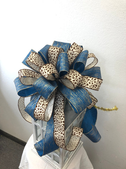 Blue and animal print tree topper bow, Tree topper bow, large bow, wreath bow, Christmas bow