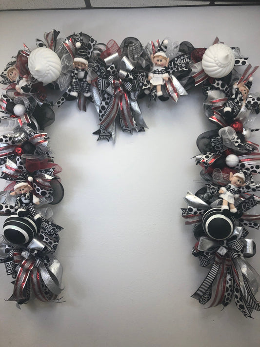 Black and white Christmas, Christmas garland, elf garland, black and white mantlepiece, elf mantle, black and white decor, porch decor