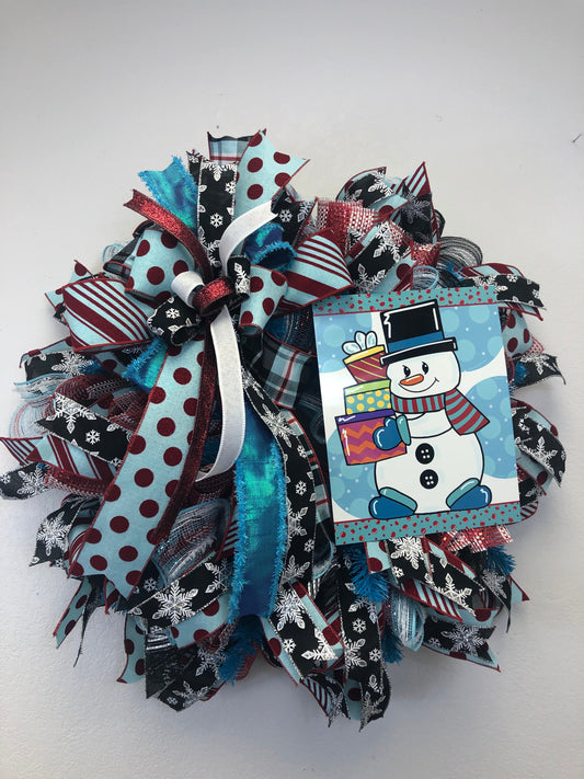 Snowman wreath, blue and red snowman decor, Christmas wreath, winter holiday decor, front door wreath, porch decor, large Christmas wreath