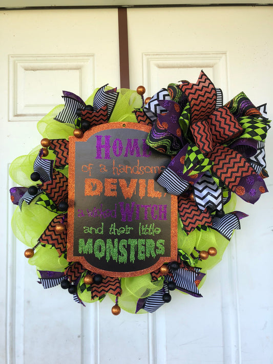 Halloween wreath, fall holiday wreath, front door wreath, handsome devil wreath, halloween reef, porch decor, fall holiday reef,