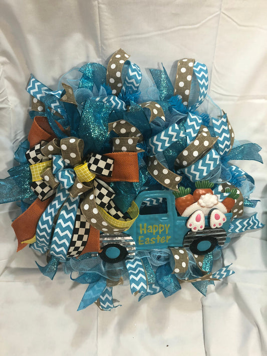 Easter wreath, blue truck , mesh wreath, bunny butt wreath, blue wreath, happy Easter wreath, Easter reef, front door wreath, porch decor