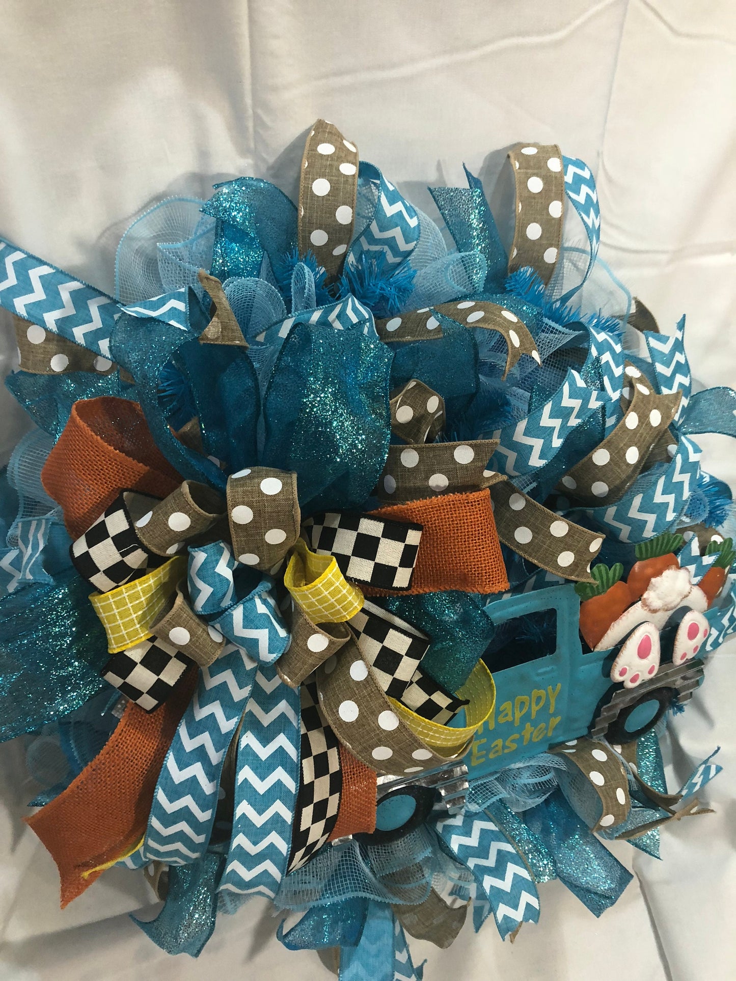 Easter wreath, blue truck , mesh wreath, bunny butt wreath, blue wreath, happy Easter wreath, Easter reef, front door wreath, porch decor