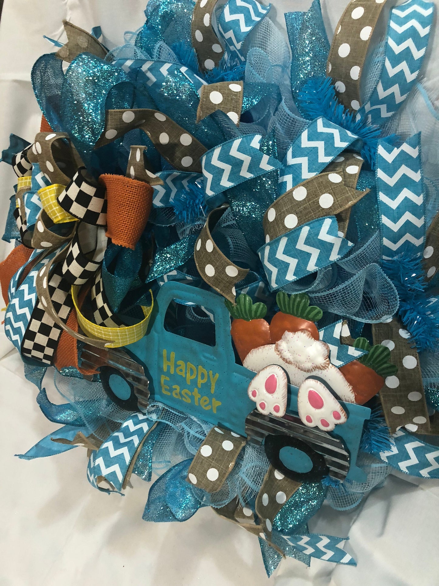 Easter wreath, blue truck , mesh wreath, bunny butt wreath, blue wreath, happy Easter wreath, Easter reef, front door wreath, porch decor