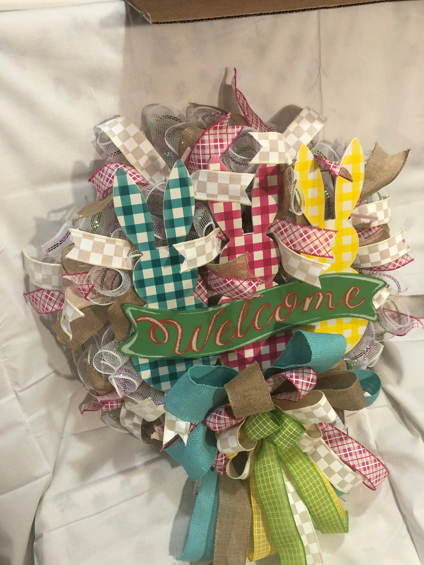Easter wreath, Welcome wreath, spring holiday decor, front door wreath, front door decor,  porch decor, mesh wreath, buffalo check bunnies