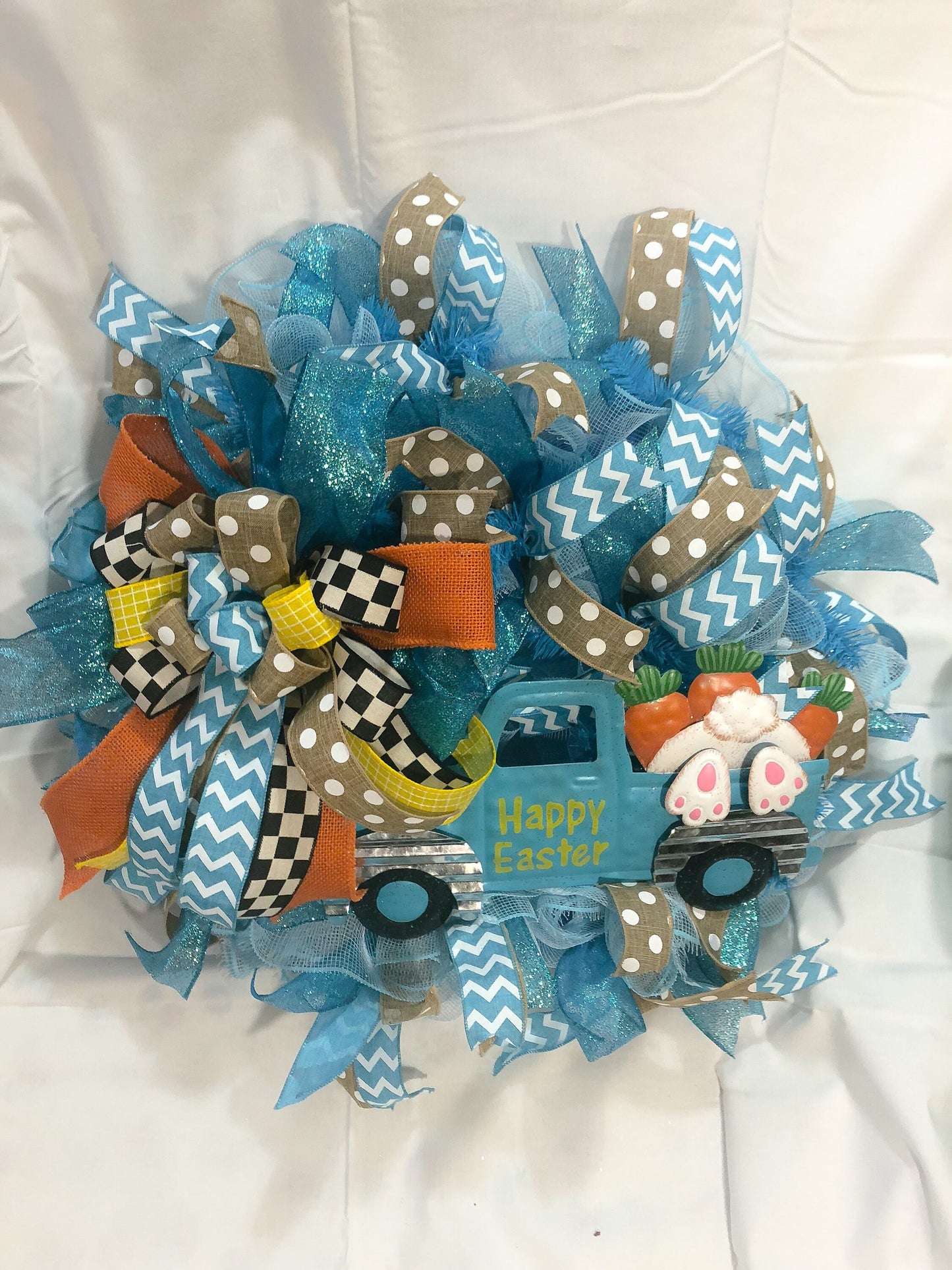 Easter wreath, blue truck , mesh wreath, bunny butt wreath, blue wreath, happy Easter wreath, Easter reef, front door wreath, porch decor