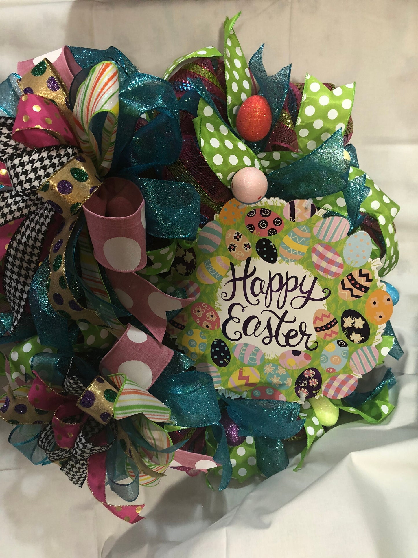 Easter wreath, Easter egg wreath, spring holiday decor, front door wreath, front door decor, front porch decor, mesh wreath
