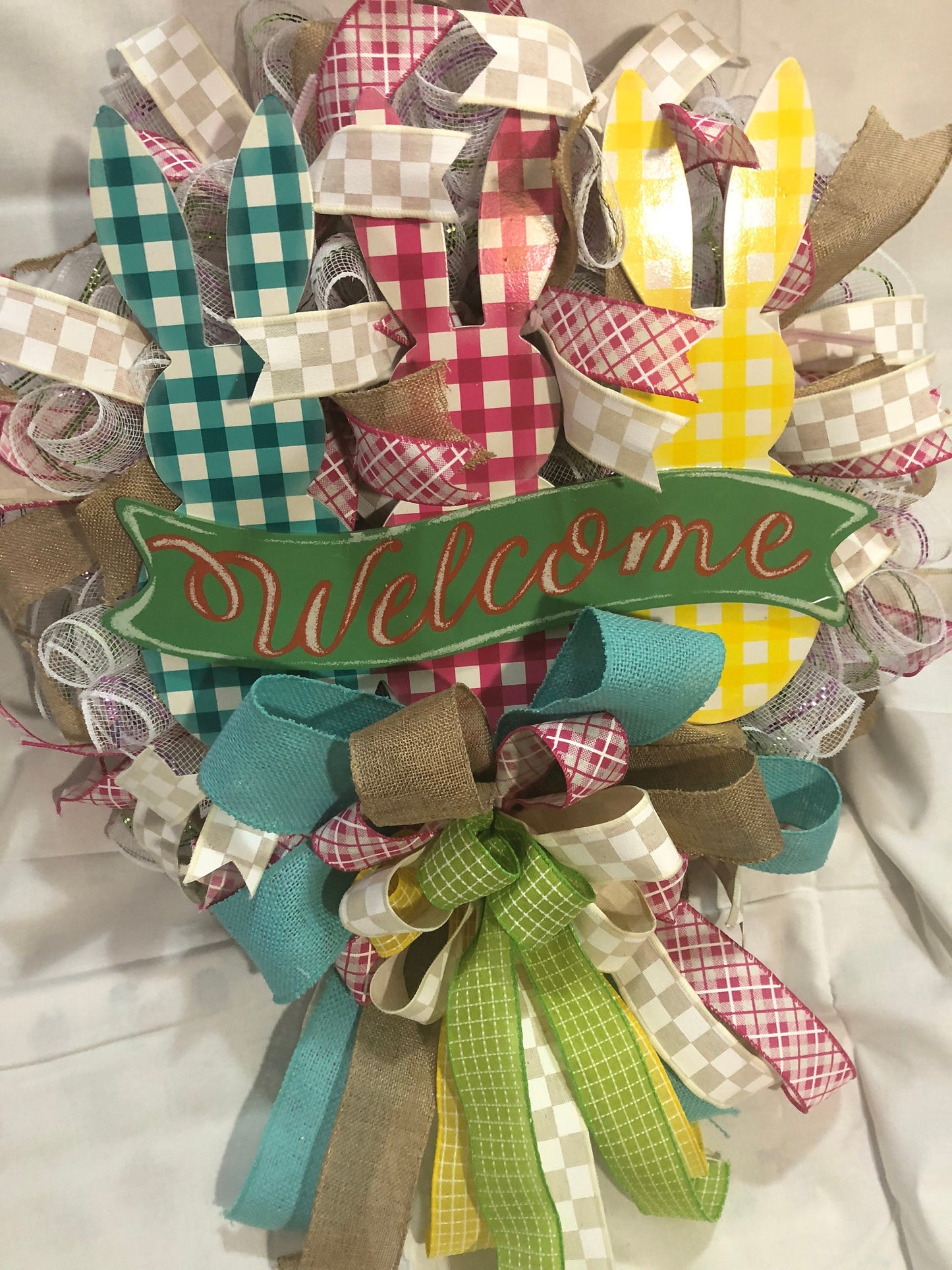 Easter wreath, Welcome wreath, spring holiday decor, front door wreath, front door decor,  porch decor, mesh wreath, buffalo check bunnies