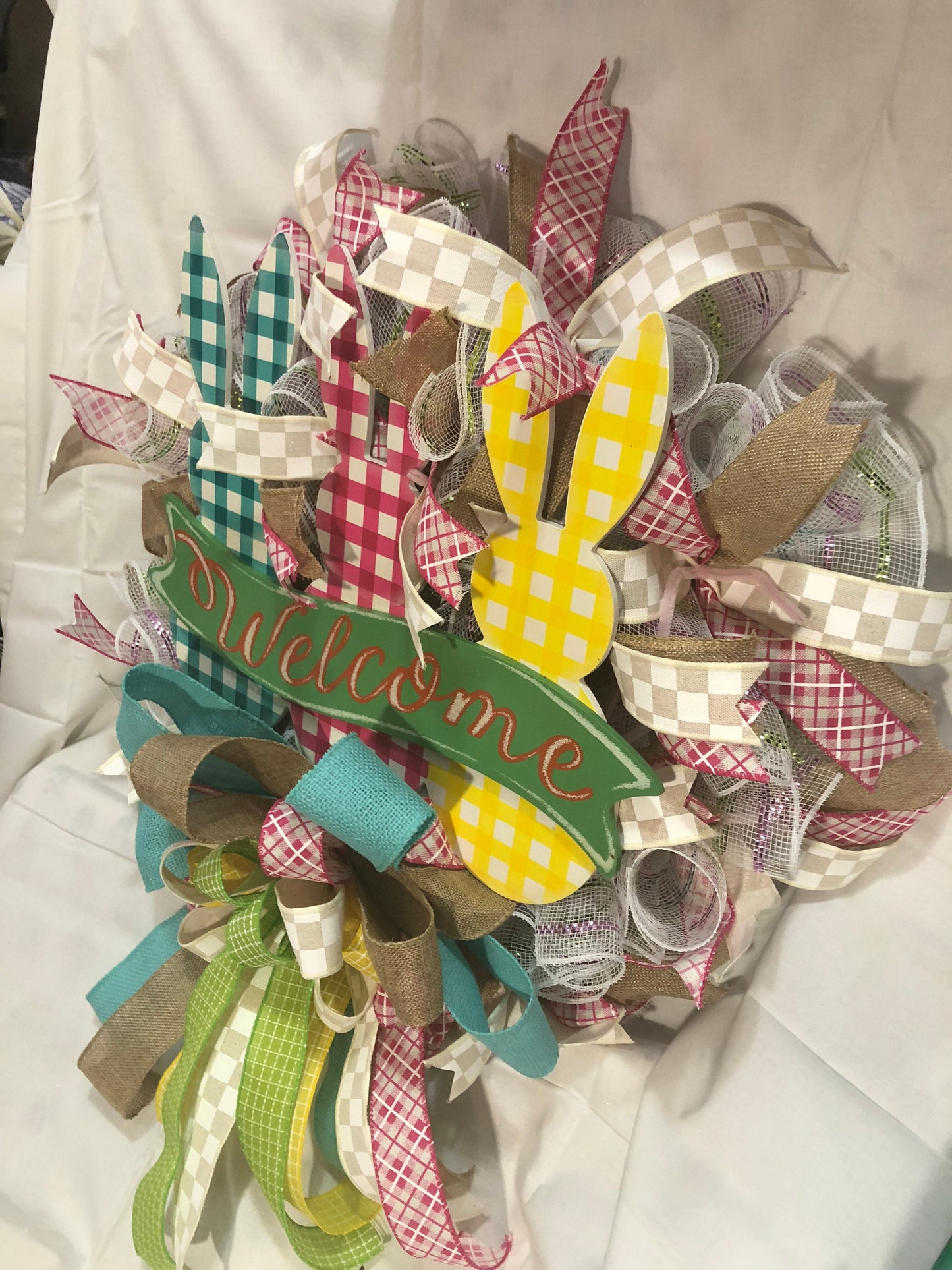 Easter wreath, Welcome wreath, spring holiday decor, front door wreath, front door decor,  porch decor, mesh wreath, buffalo check bunnies