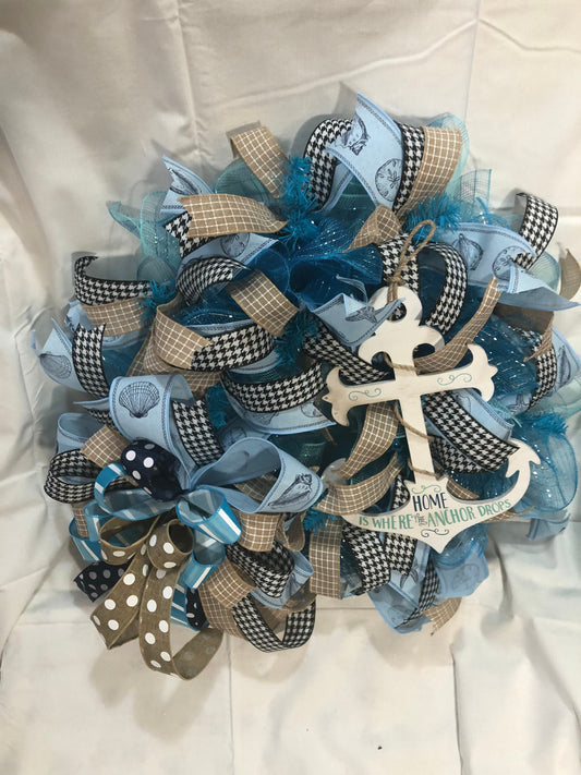 nautical wreath, coastal wreath, beach decor, anchor wreath, door decor, porch decor, bathroom decor, living room decor, beach themed decor