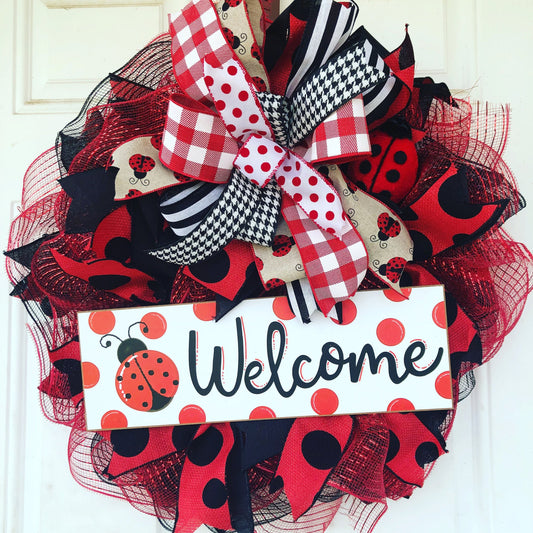 everyday wreath, spring wreath, ladybug wreath, mesh wreath, pancake wreath, thin wreath, summer wreath, front door decor, porch decor,