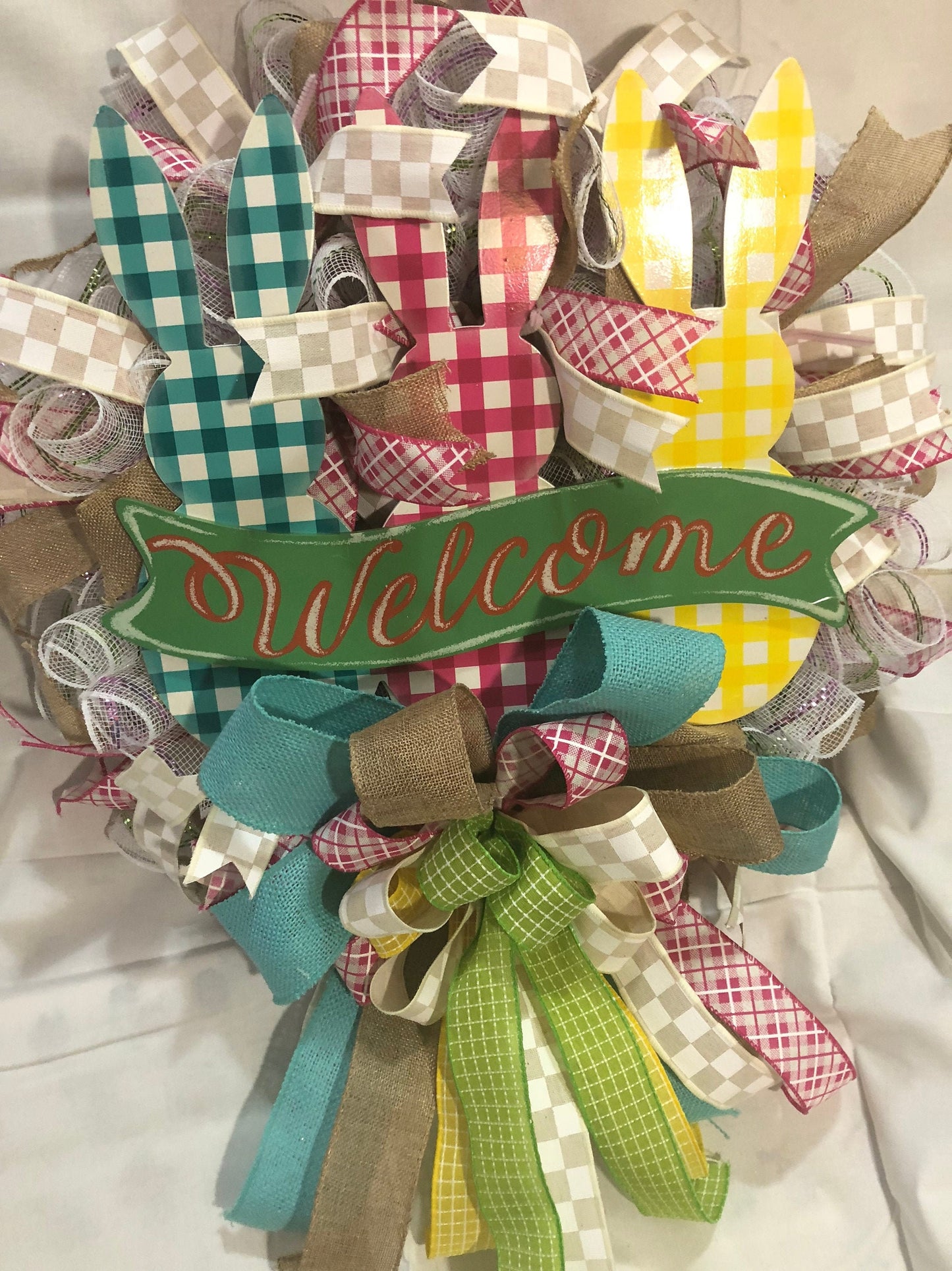 Easter wreath, Welcome wreath, spring holiday decor, front door wreath, front door decor,  porch decor, mesh wreath, buffalo check bunnies