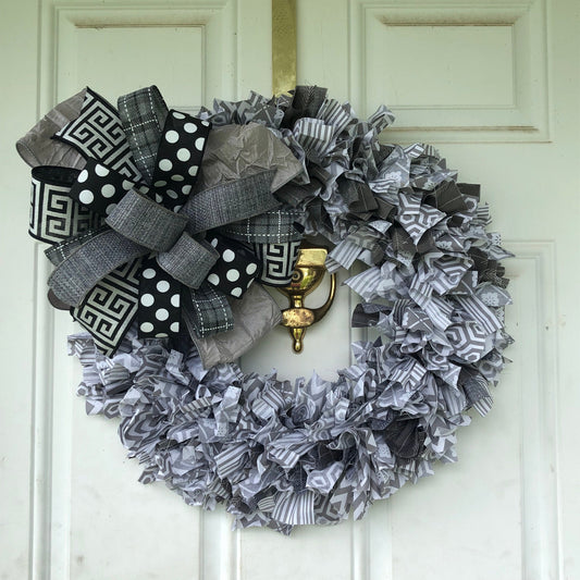 monochromatic, grey tones, rag wreath, everyday wreath, fall decor, winter decor, front door decor, porch decor, wall hanger, door hanger