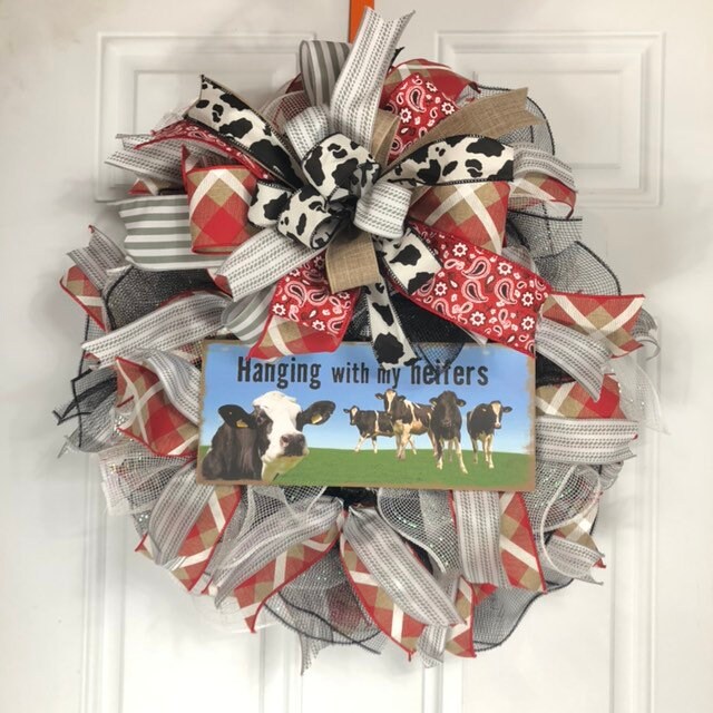 Hangin’ with my heifers, cow wreath, whimsical decor, thin style wreath, door decor, porch decor, handmade