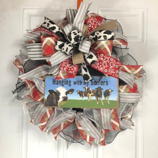Hangin’ with my heifers, cow wreath, whimsical decor, thin style wreath, door decor, porch decor, handmade