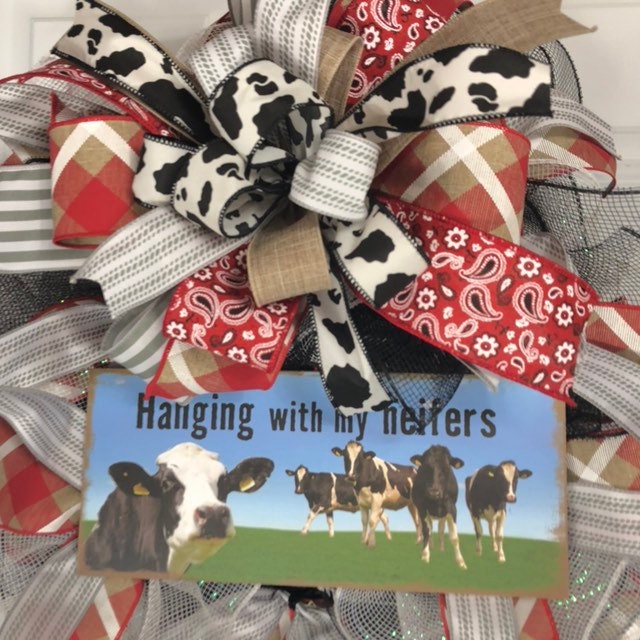Hangin’ with my heifers, cow wreath, whimsical decor, thin style wreath, door decor, porch decor, handmade