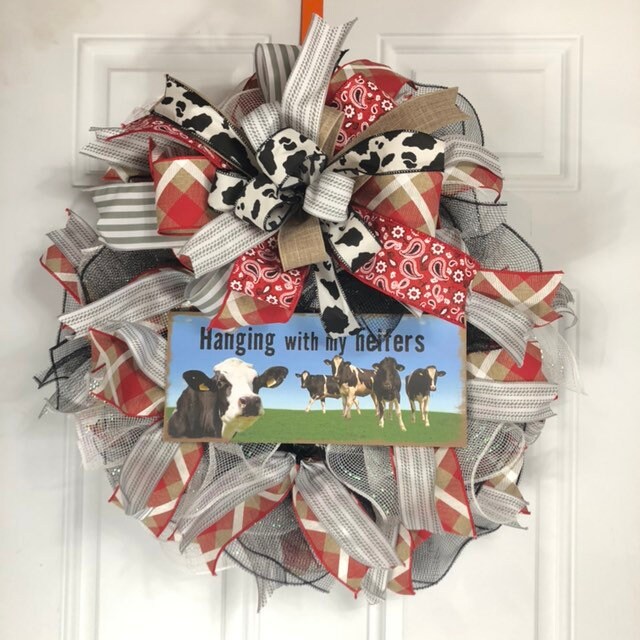 Hangin’ with my heifers, cow wreath, whimsical decor, thin style wreath, door decor, porch decor, handmade