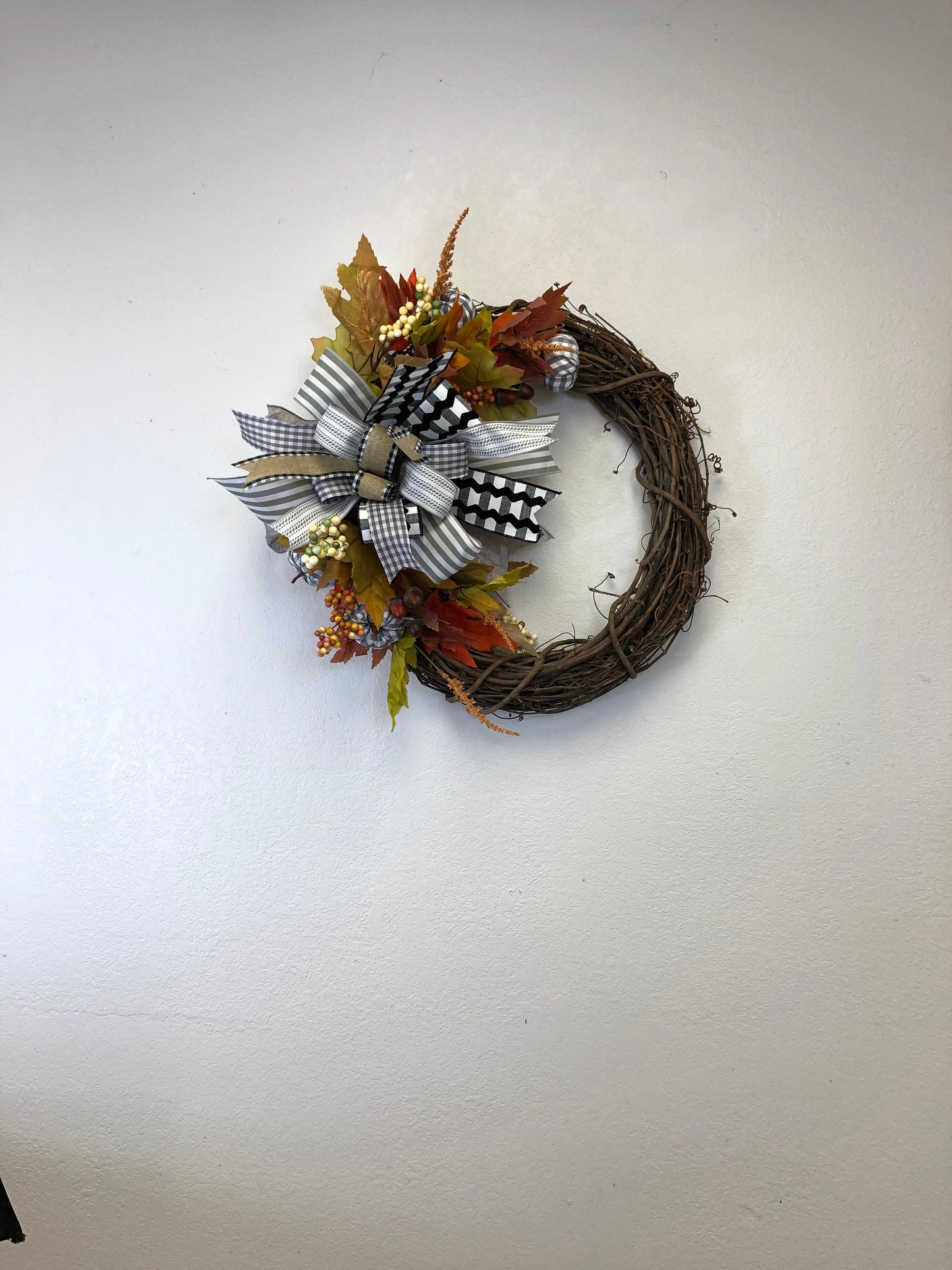 Fall wreath, grey gingham, monochromatic bow, porch decor, front door wreath, autumn wreath, autumn decor