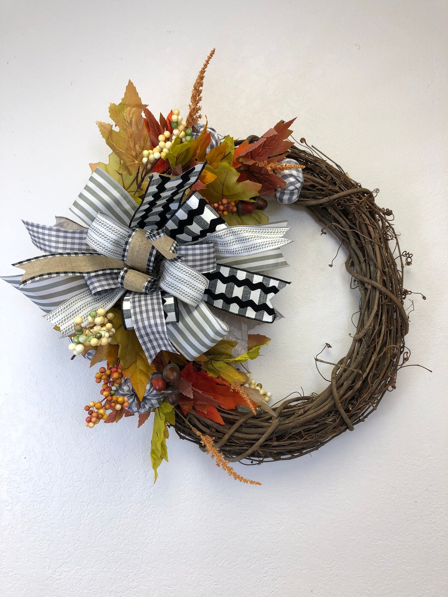 Fall wreath, grey gingham, monochromatic bow, porch decor, front door wreath, autumn wreath, autumn decor