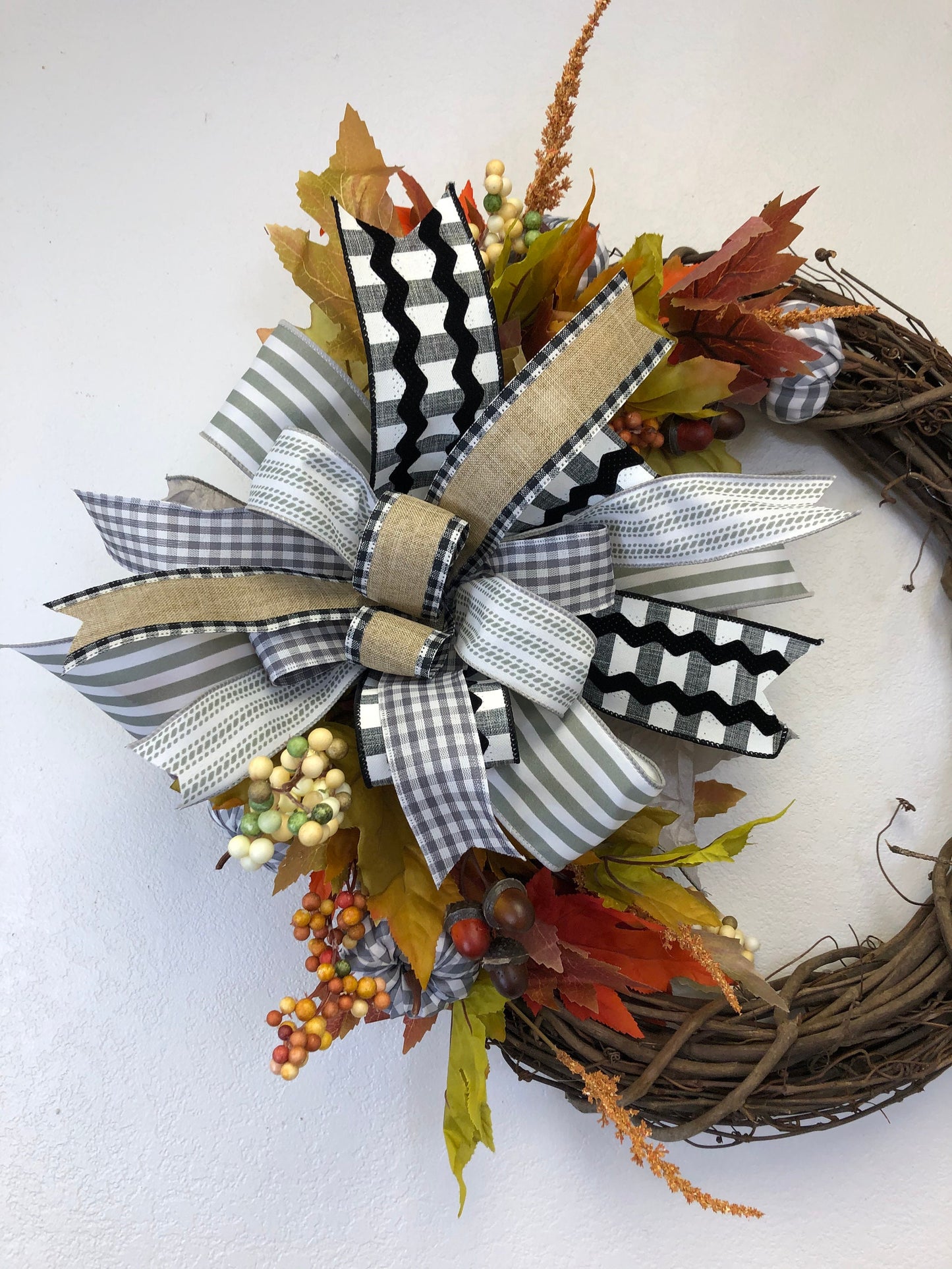 Fall wreath, grey gingham, monochromatic bow, porch decor, front door wreath, autumn wreath, autumn decor