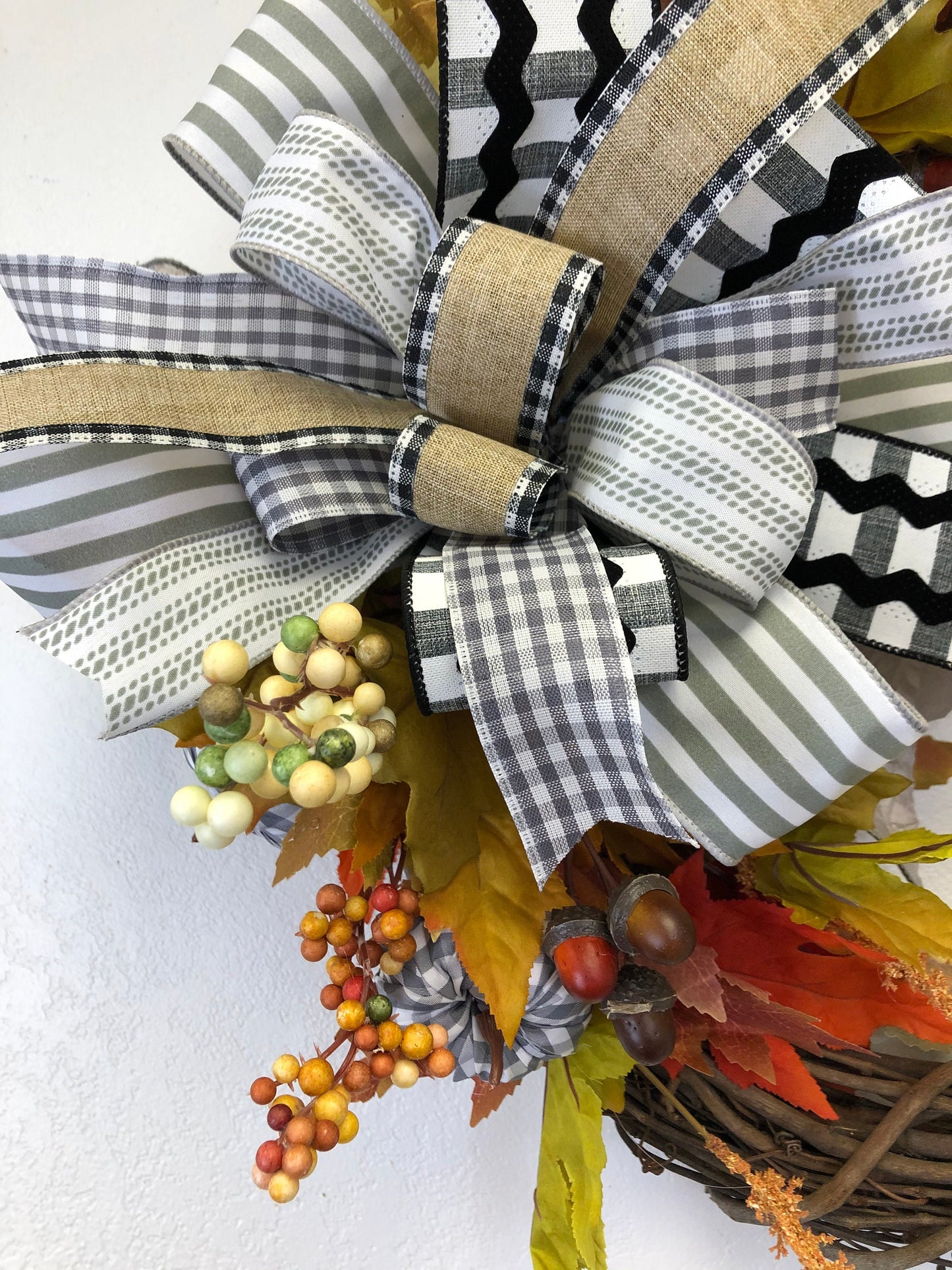 Fall wreath, grey gingham, monochromatic bow, porch decor, front door wreath, autumn wreath, autumn decor