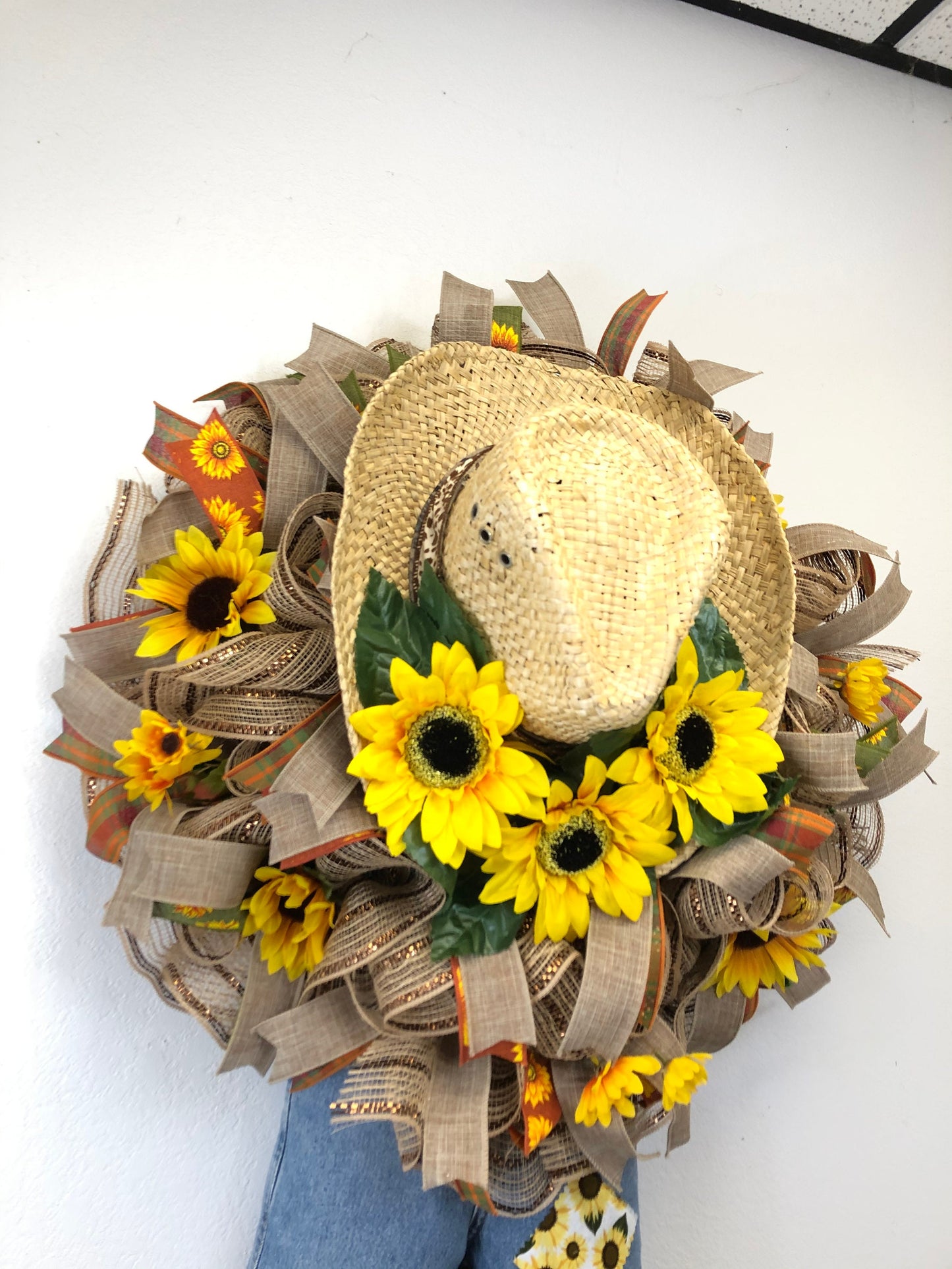 Sunflower scarecrow wreath, fall wreath, sunflower wreath, boy scarecrow wreath, porch decor, front door wreath, large fall wreath