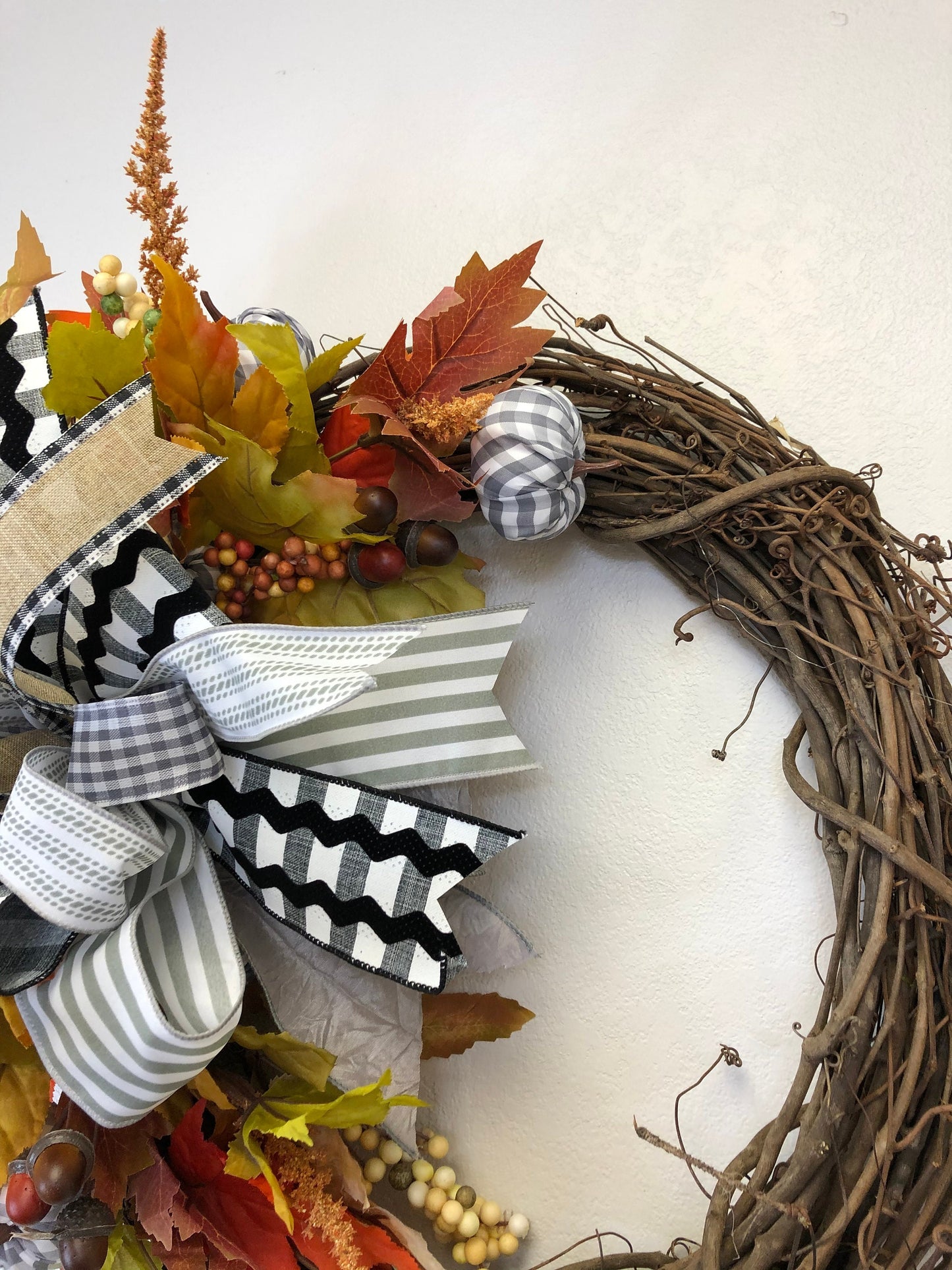 Fall wreath, grey gingham, monochromatic bow, porch decor, front door wreath, autumn wreath, autumn decor