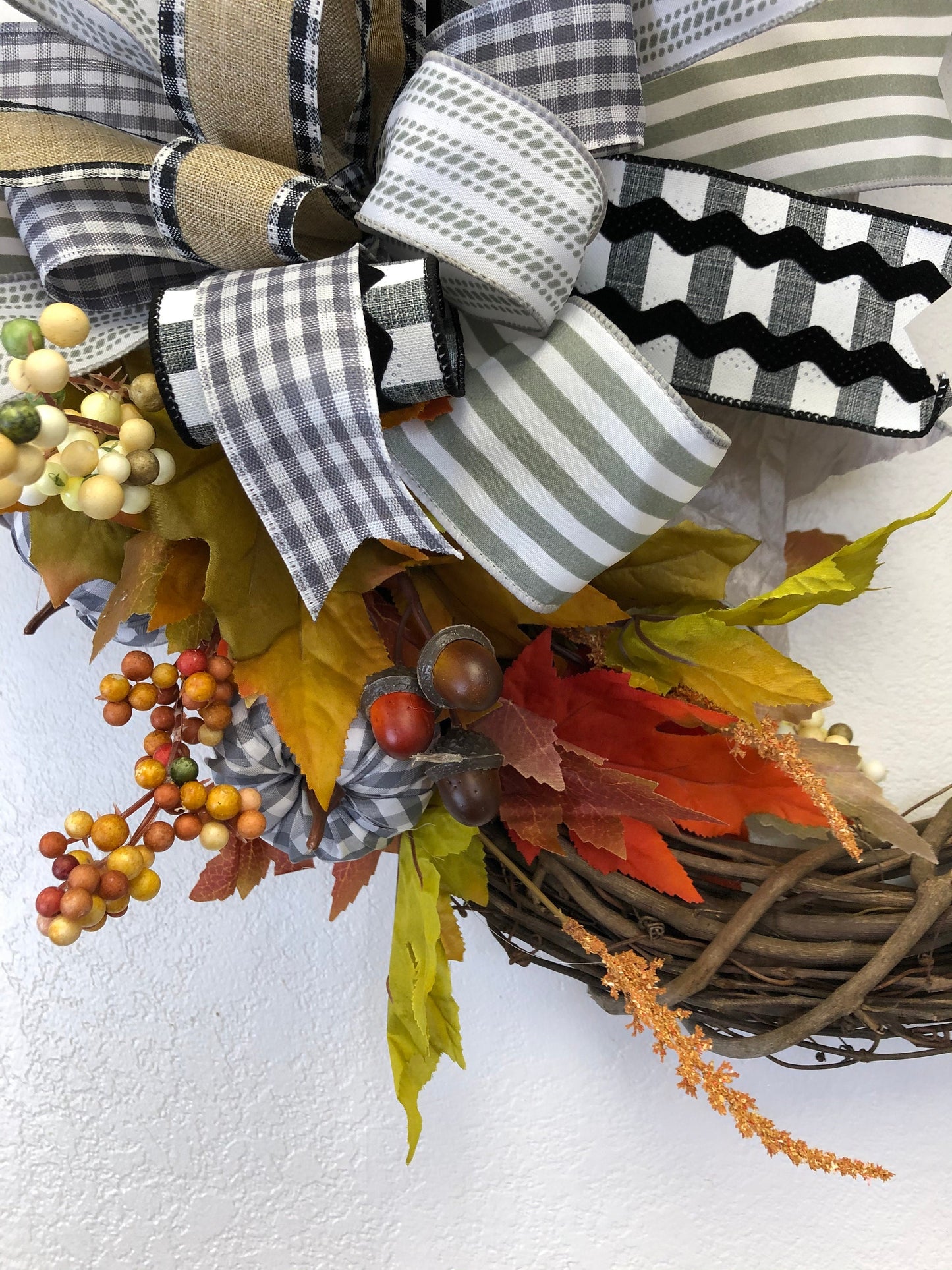 Fall wreath, grey gingham, monochromatic bow, porch decor, front door wreath, autumn wreath, autumn decor