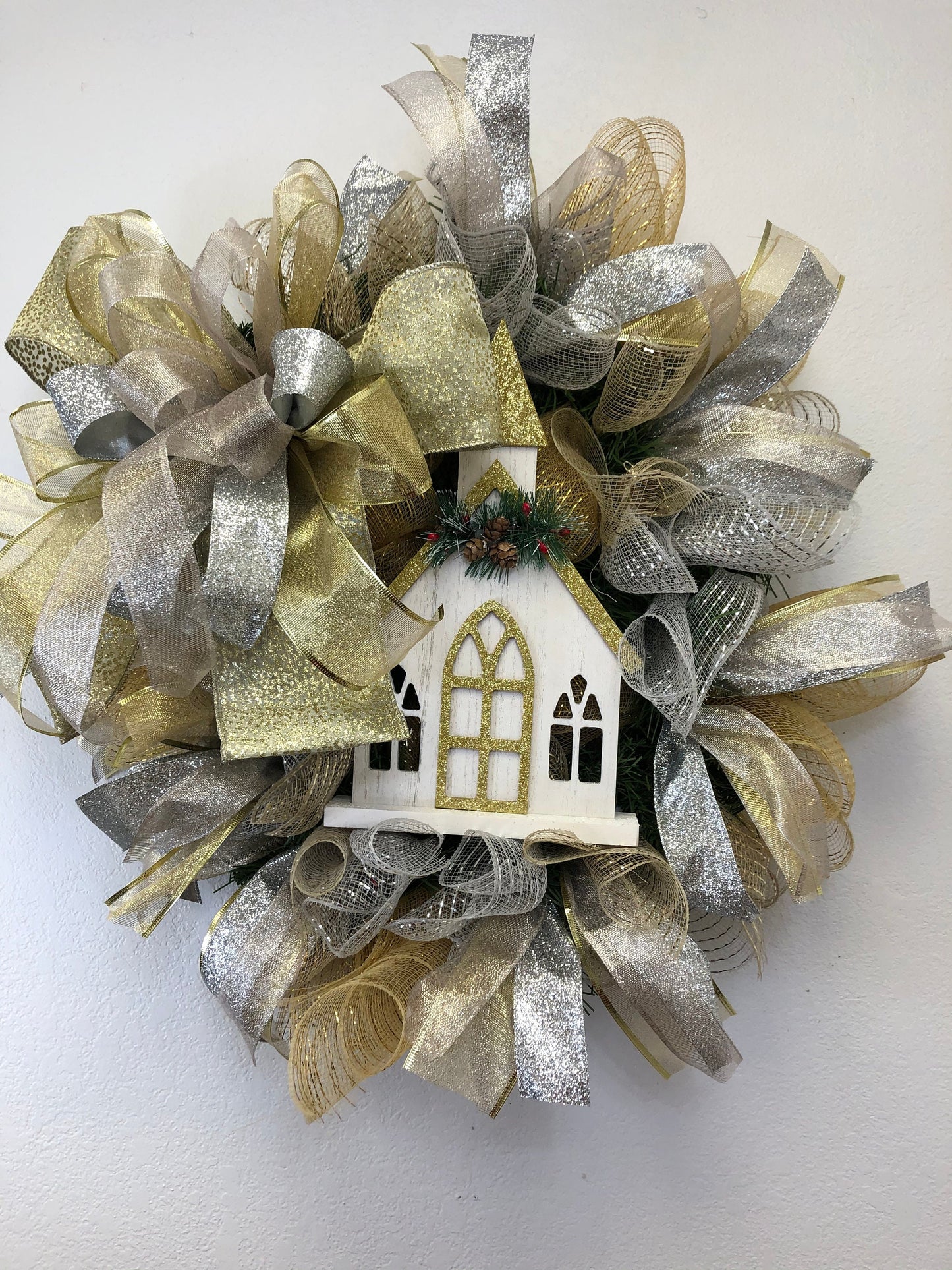 Silver and gold Christmas, church wreath, everyday winter wreath, Christmas wreath, religious wreath, front door wreath, porch decor