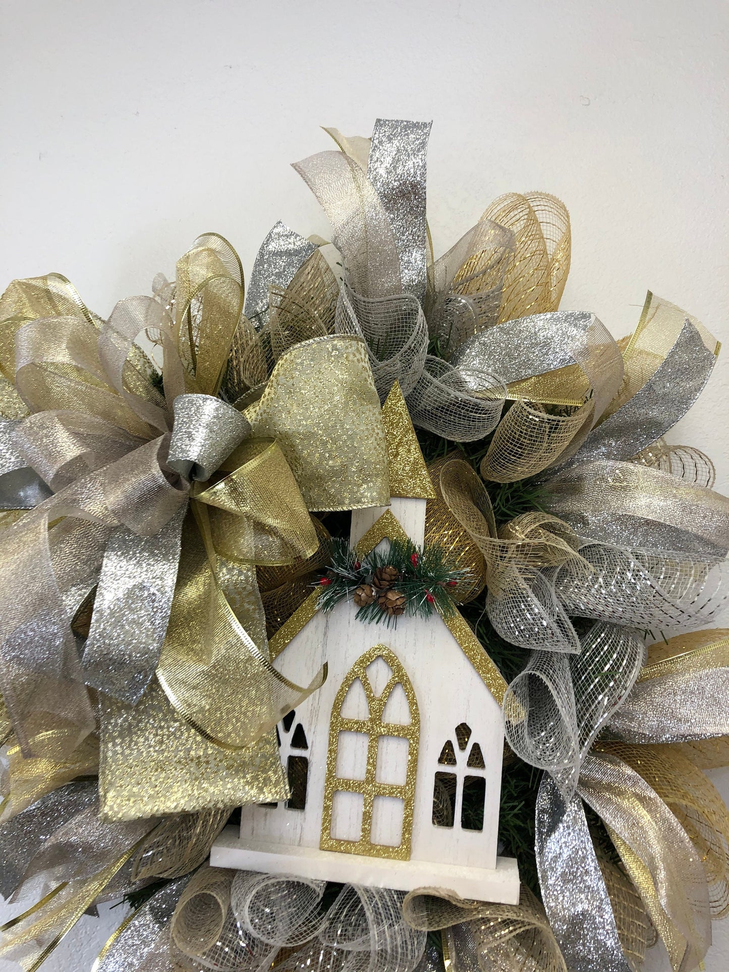 Silver and gold Christmas, church wreath, everyday winter wreath, Christmas wreath, religious wreath, front door wreath, porch decor