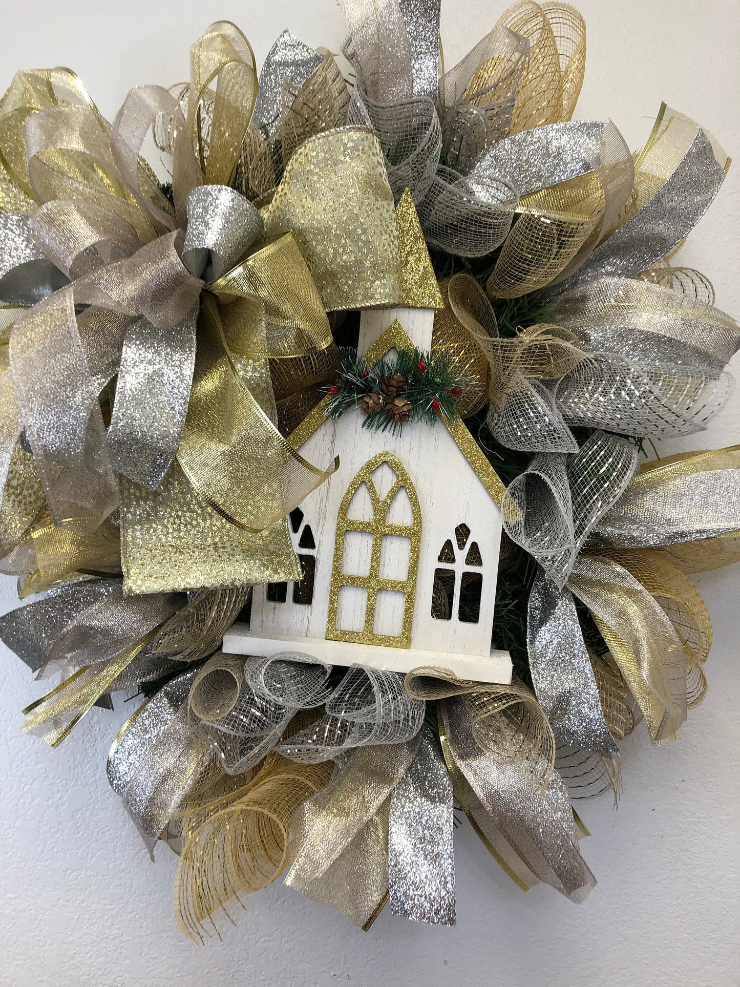 Silver and gold Christmas, church wreath, everyday winter wreath, Christmas wreath, religious wreath, front door wreath, porch decor