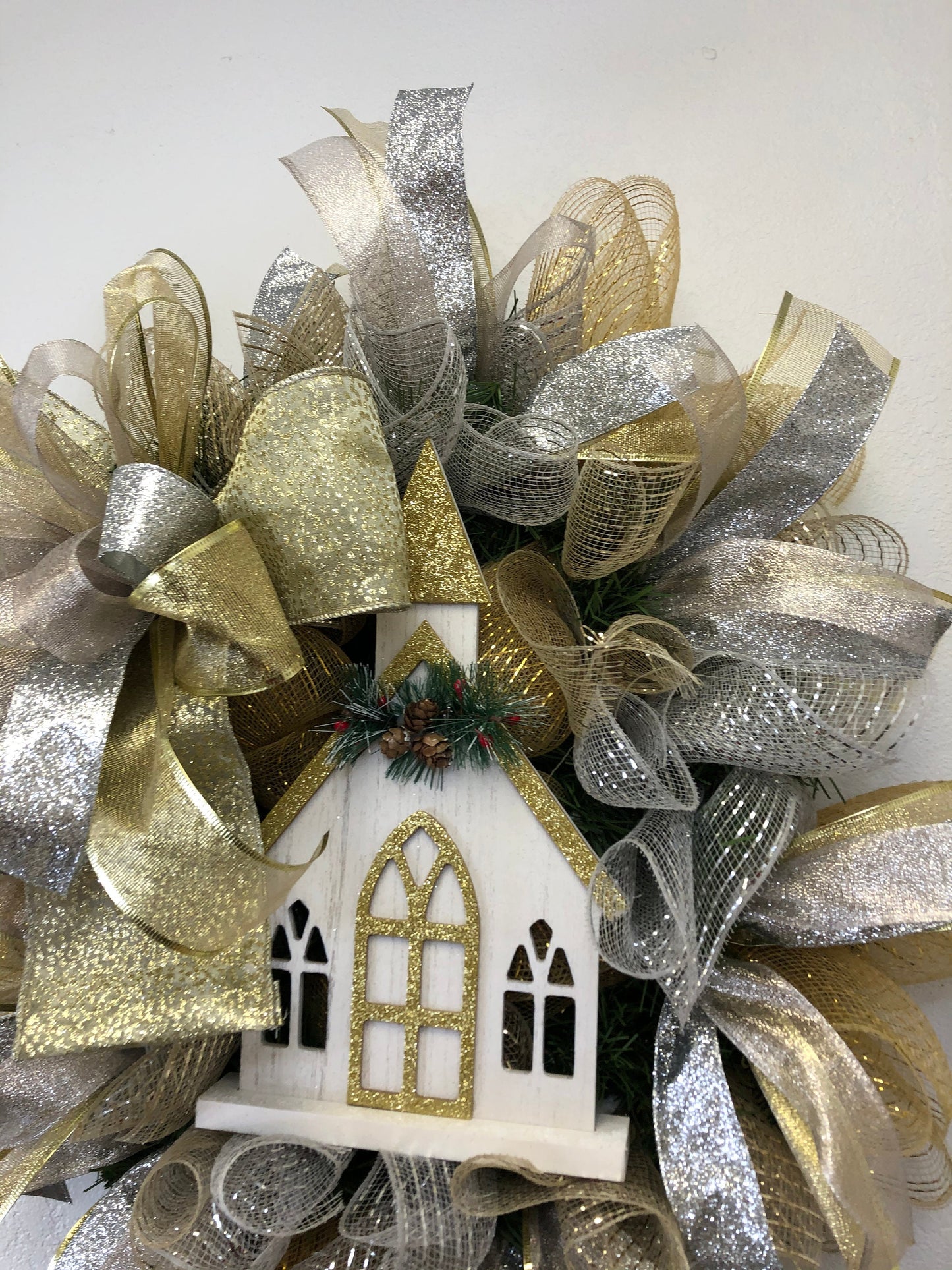 Silver and gold Christmas, church wreath, everyday winter wreath, Christmas wreath, religious wreath, front door wreath, porch decor