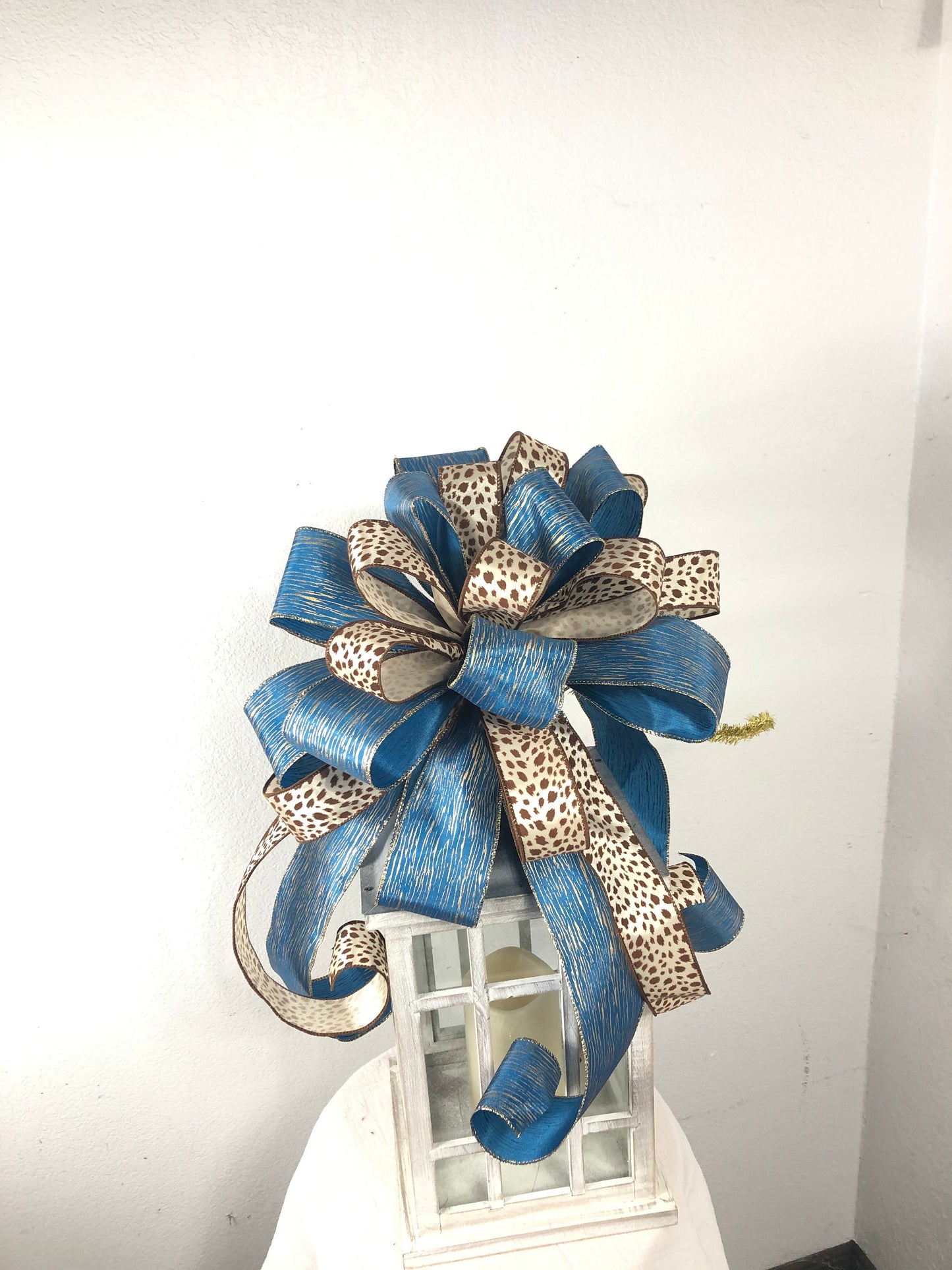 Blue and animal print tree topper bow, Tree topper bow, large bow, wreath bow, Christmas bow