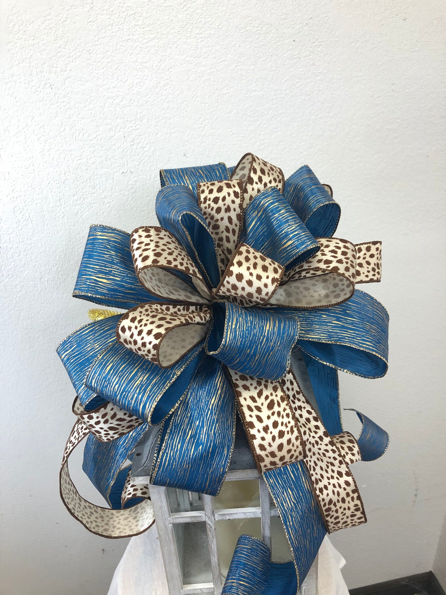 Blue and animal print tree topper bow, Tree topper bow, large bow, wreath bow, Christmas bow