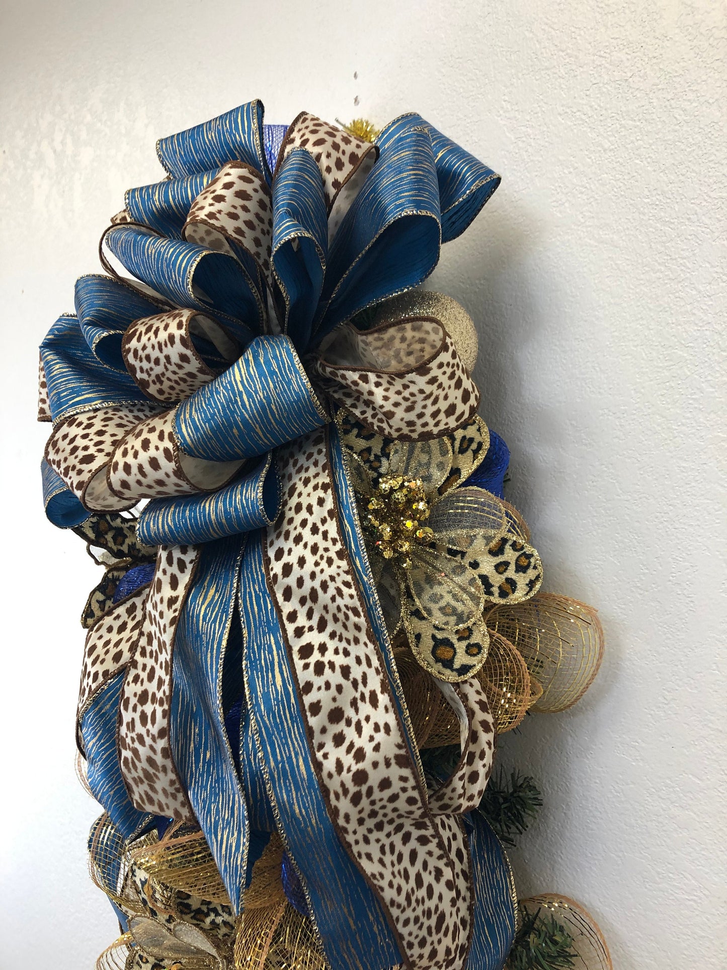 Cheetah swag, animal print and blue, Christmas swag, door swag, porch decor
