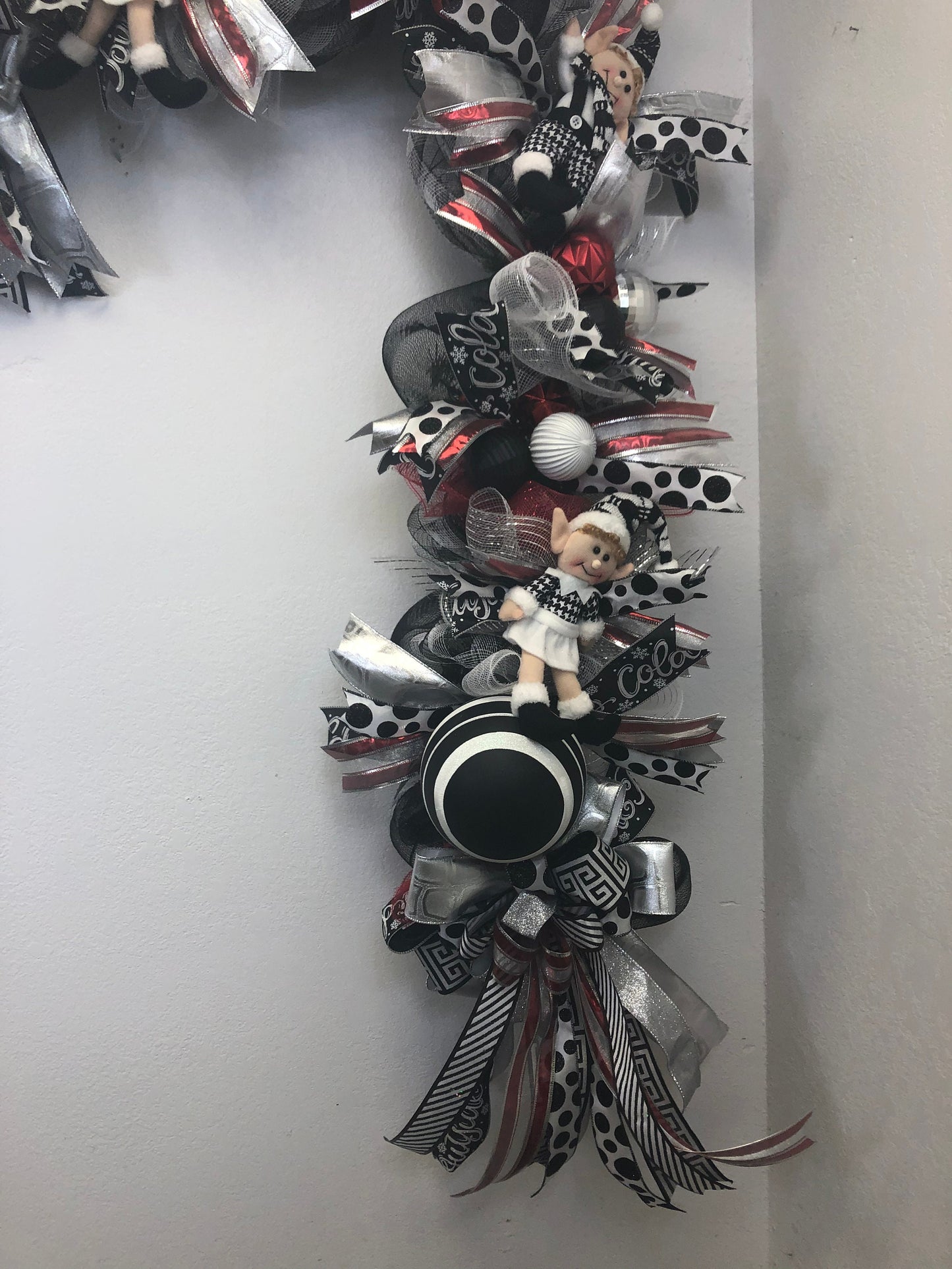 Black and white Christmas, Christmas garland, elf garland, black and white mantlepiece, elf mantle, black and white decor, porch decor