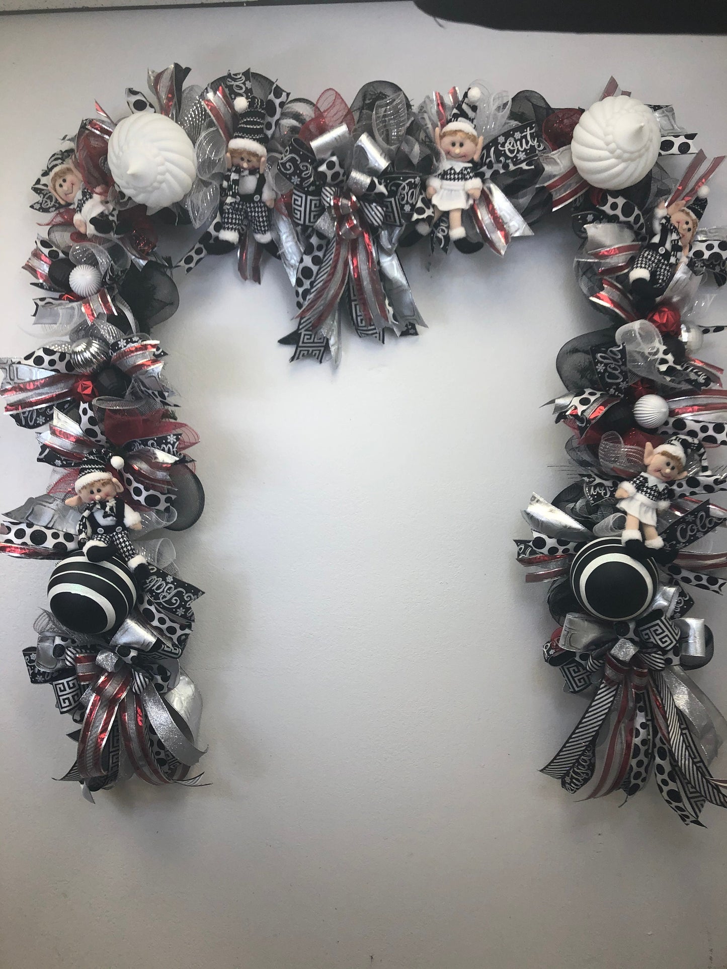 Black and white Christmas, Christmas garland, elf garland, black and white mantlepiece, elf mantle, black and white decor, porch decor