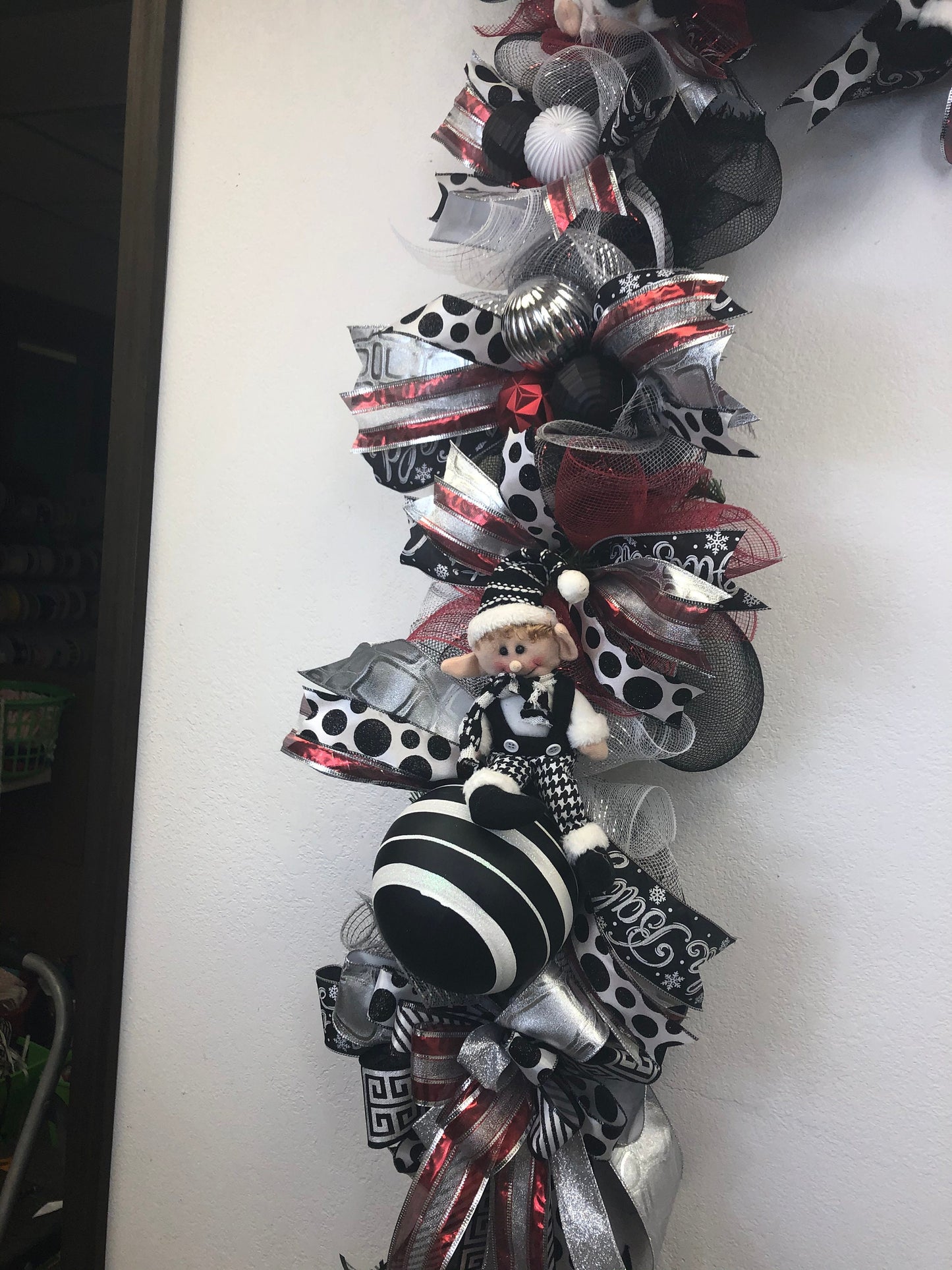 Black and white Christmas, Christmas garland, elf garland, black and white mantlepiece, elf mantle, black and white decor, porch decor
