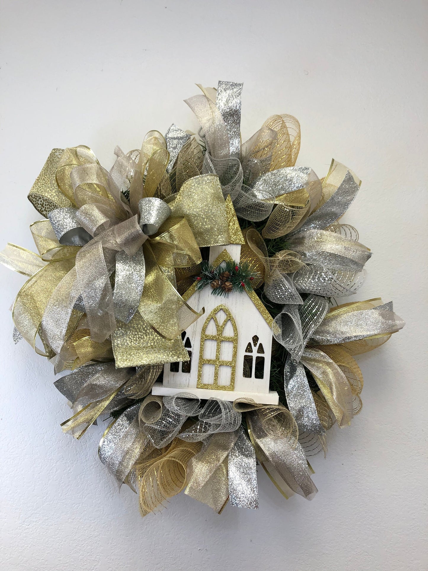 Silver and gold Christmas, church wreath, everyday winter wreath, Christmas wreath, religious wreath, front door wreath, porch decor