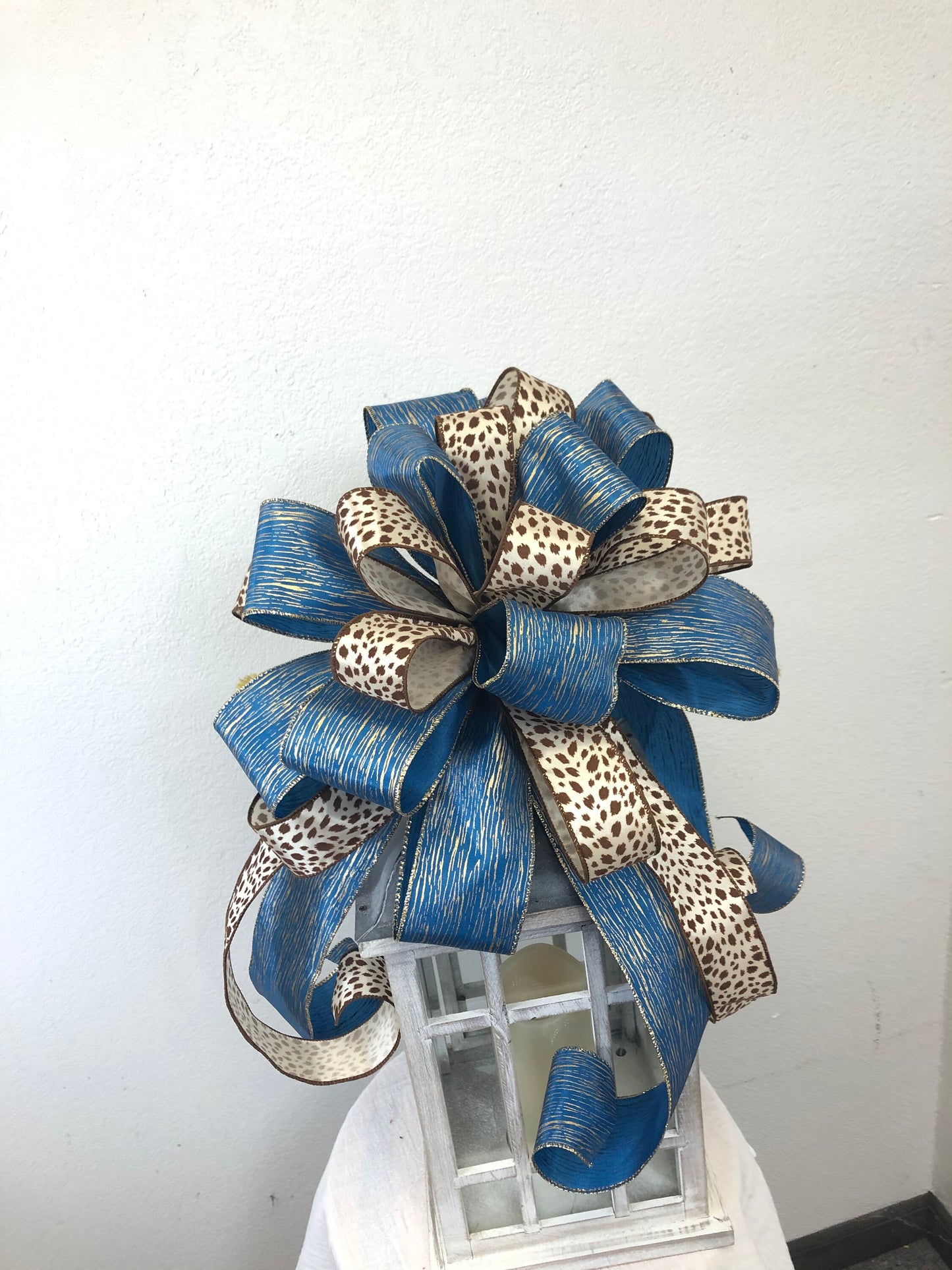 Blue and animal print tree topper bow, Tree topper bow, large bow, wreath bow, Christmas bow