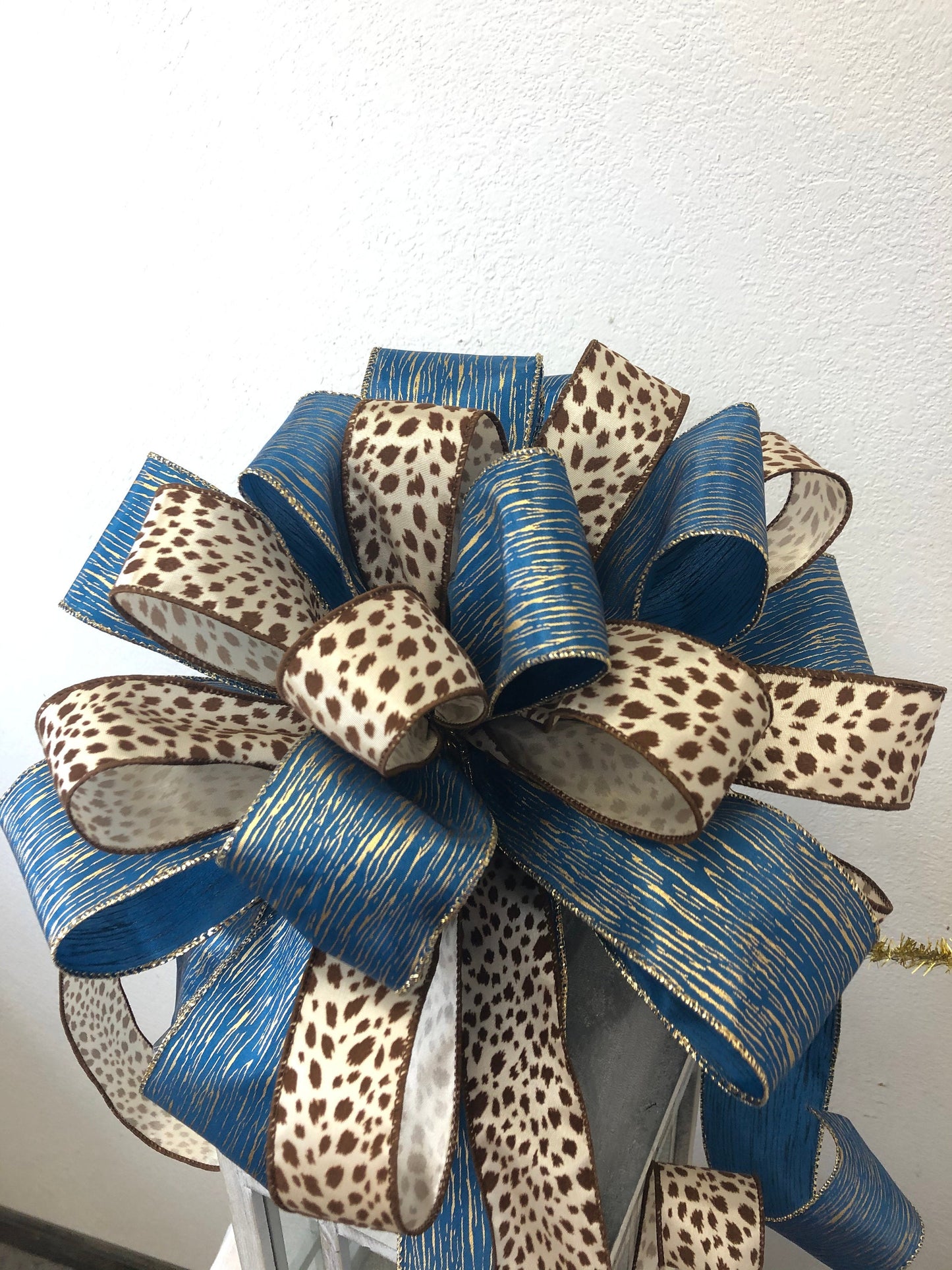 Blue and animal print tree topper bow, Tree topper bow, large bow, wreath bow, Christmas bow