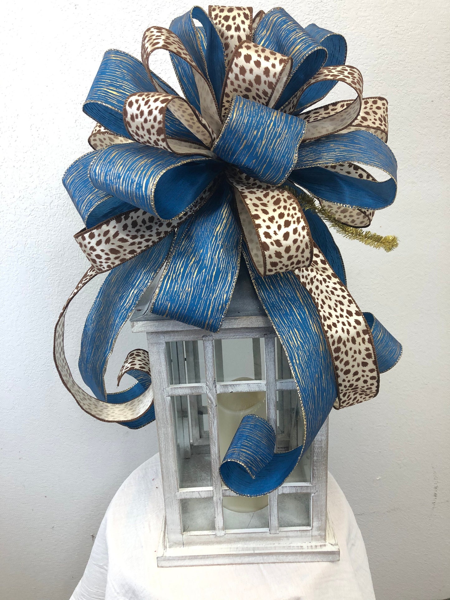 Blue and animal print tree topper bow, Tree topper bow, large bow, wreath bow, Christmas bow